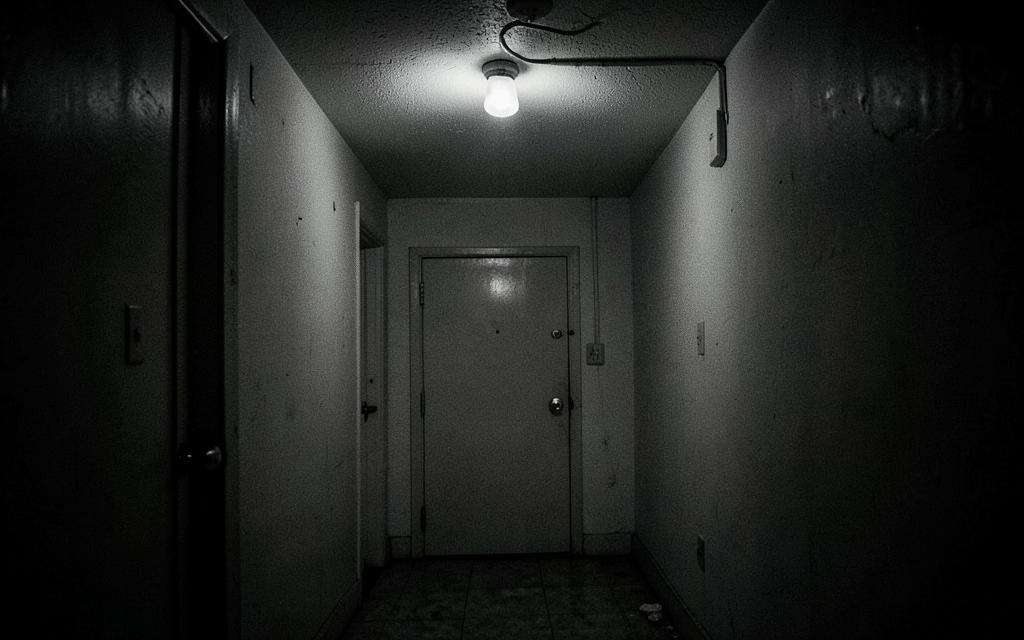 Dim apartment hallway at night with a single flickering light