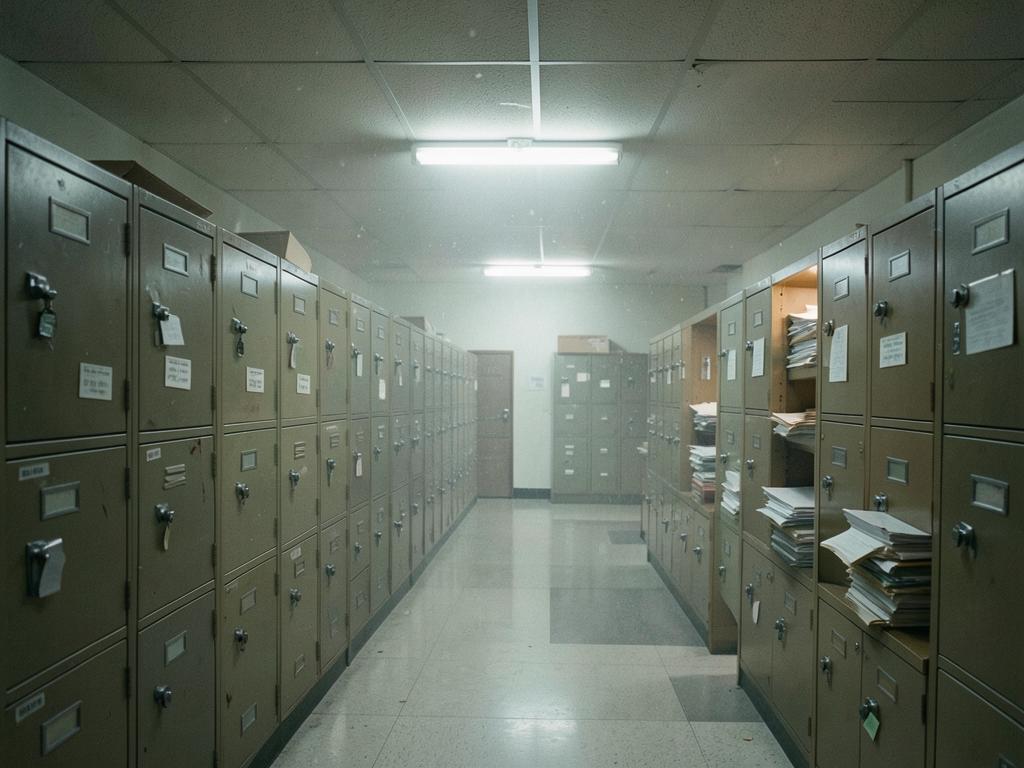 Rows of archive boxes and paper files on metal shelving