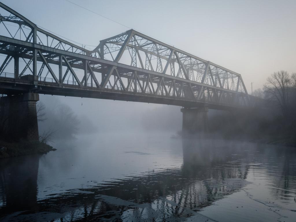 Foggy steel bridge over a misty river at dawn