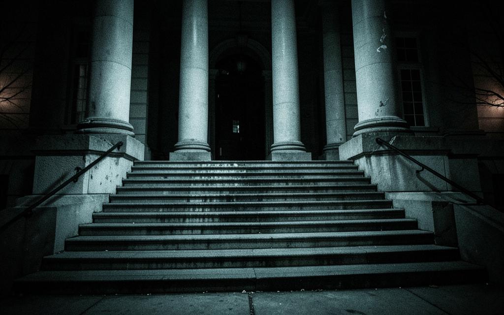 Courthouse steps and stone columns at night