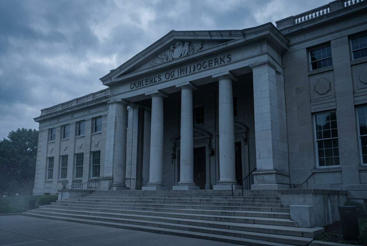Public courthouse steps and columns in daylight