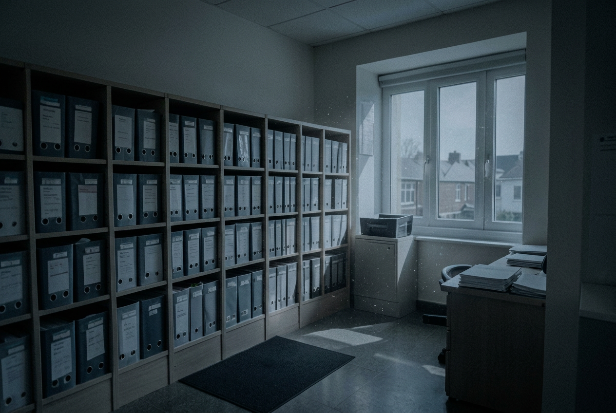 Sunlit public records room lined with case folders