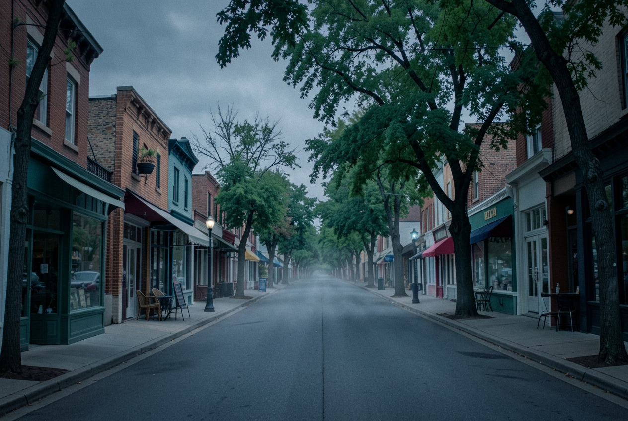 Quiet small-town main street with shopfronts and trees
