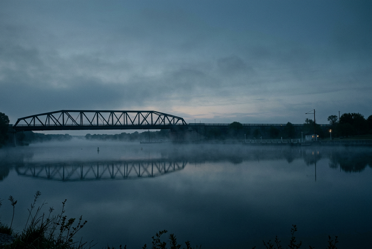 Calm river with a steel bridge and a small dock