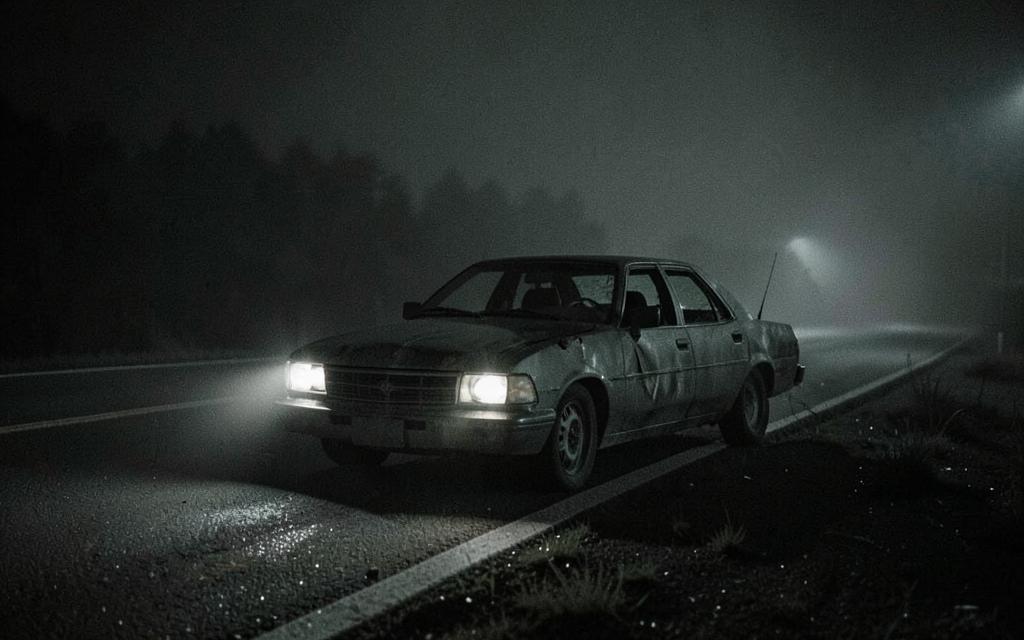 Abandoned car on a dark highway shoulder in the mist
