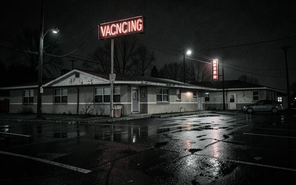 Rundown roadside motel at night under a neon sign