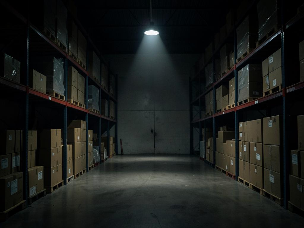 Dim warehouse interior with tall shelving and cardboard boxes under a single lamp